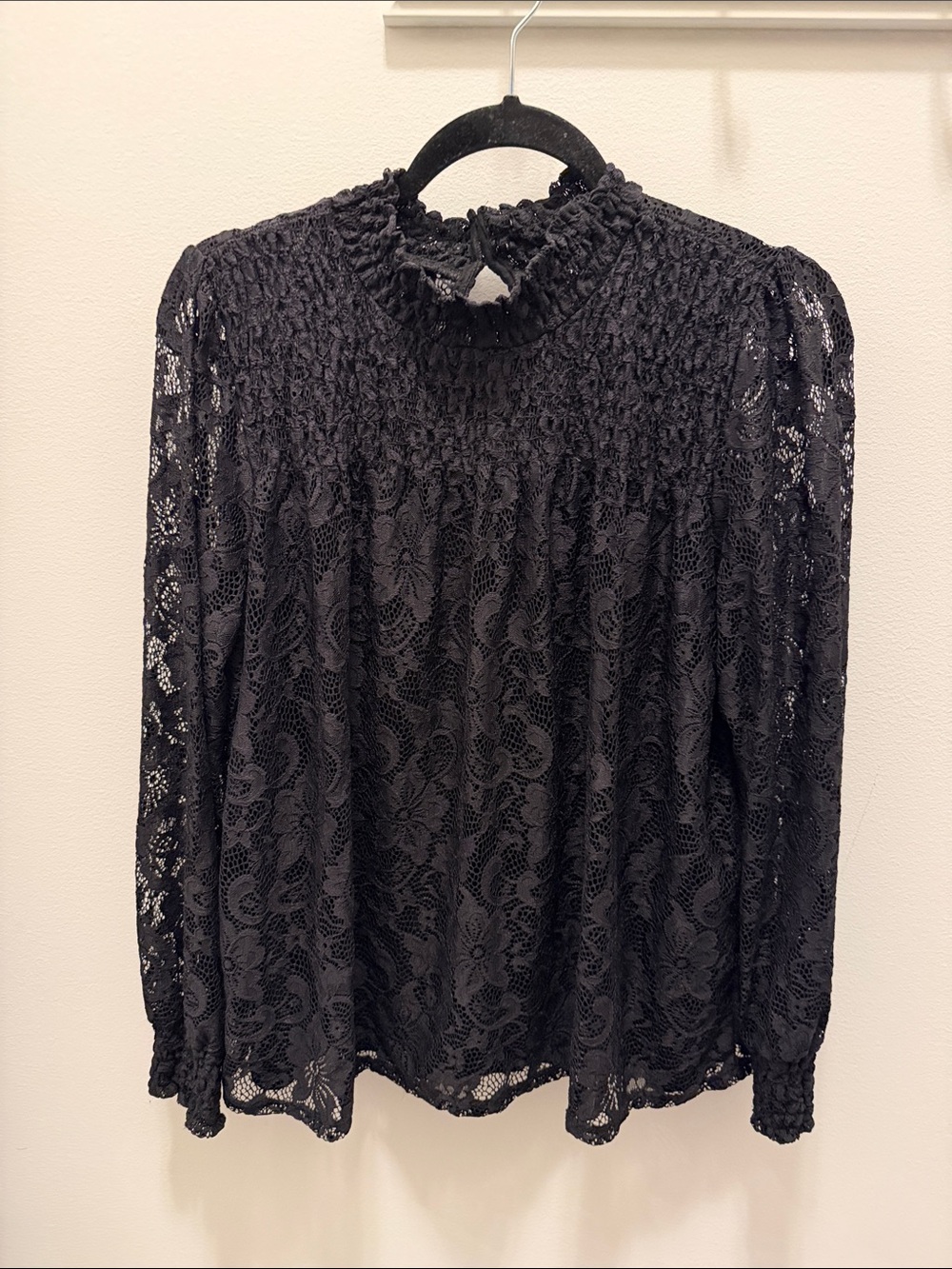 Cable & Gauge Black Lace Smocked Mock Neck Blouse